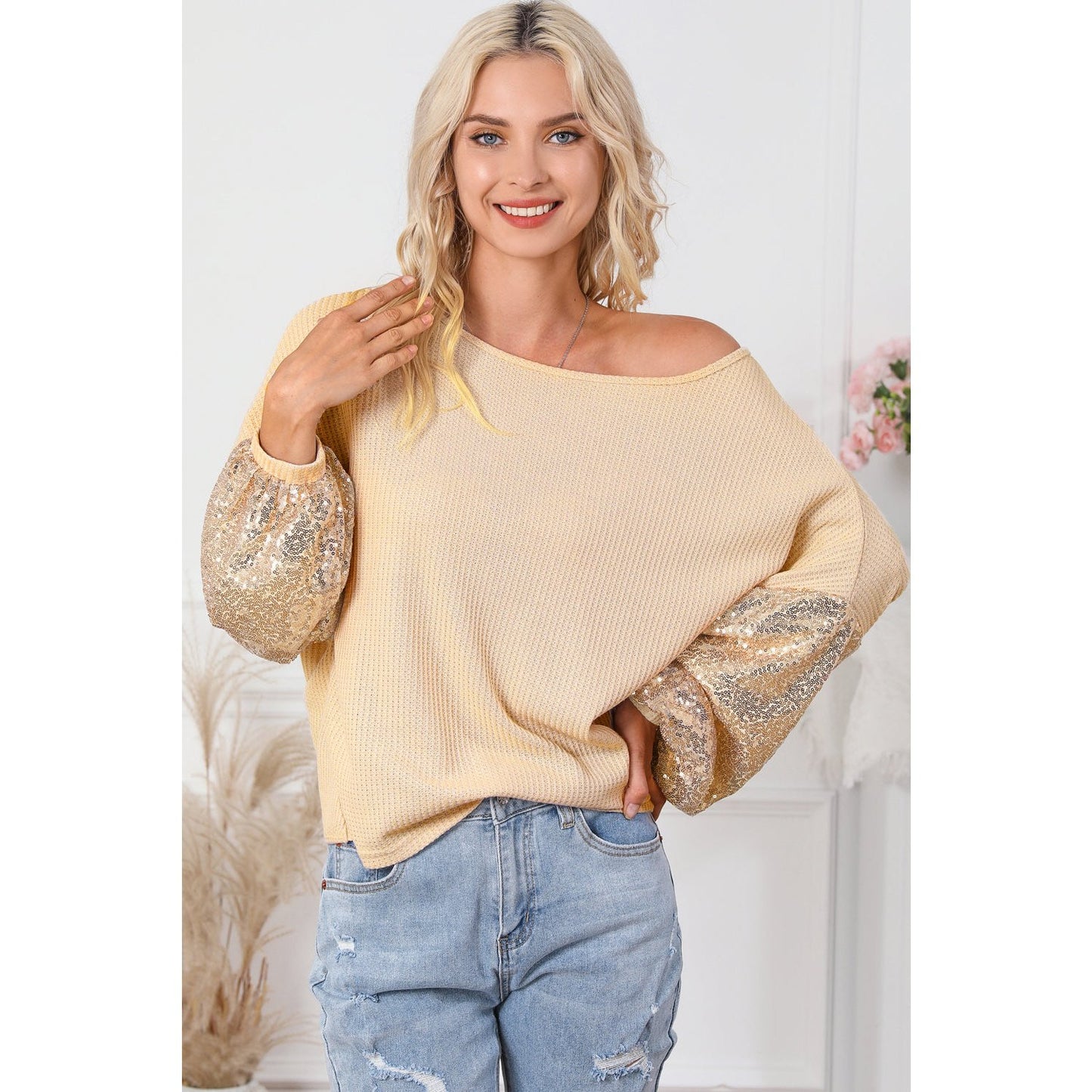 Melania Apricot Sequin Patchwork Sleeve Open Back Waffle Knit Top