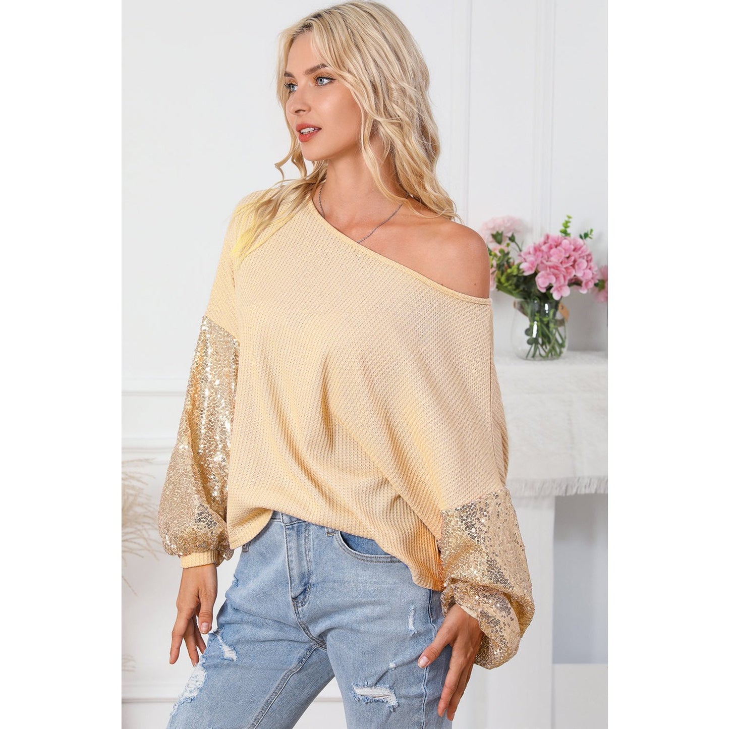 Melania Apricot Sequin Patchwork Sleeve Open Back Waffle Knit Top