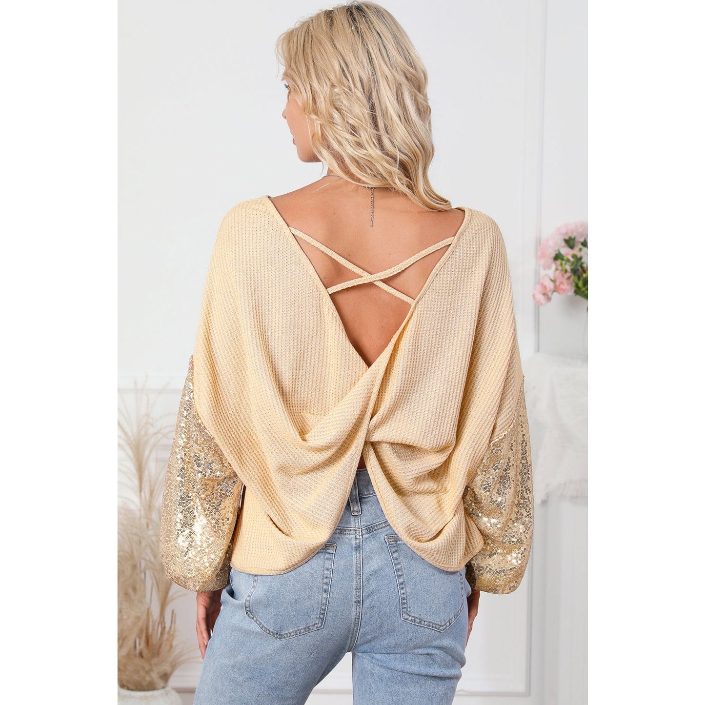 Melania Apricot Sequin Patchwork Sleeve Open Back Waffle Knit Top