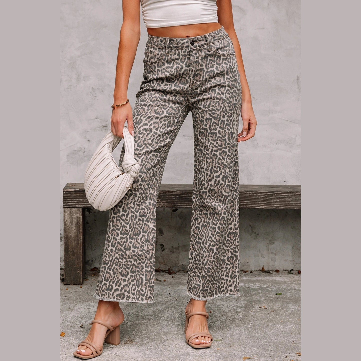 Melba Brown Leopard Frayed Edge Wide Leg High Waist Jeans