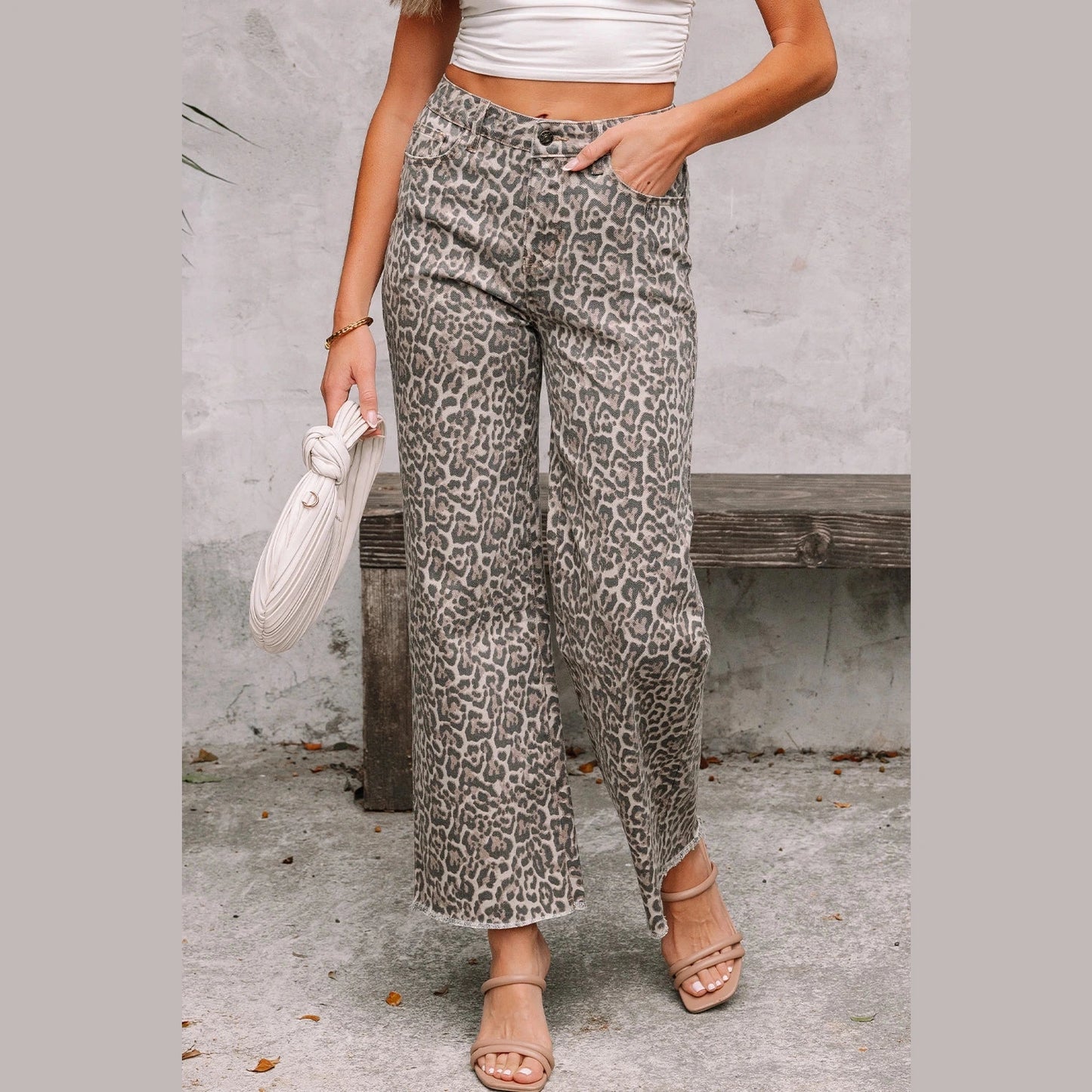 Melba Brown Leopard Frayed Edge Wide Leg High Waist Jeans
