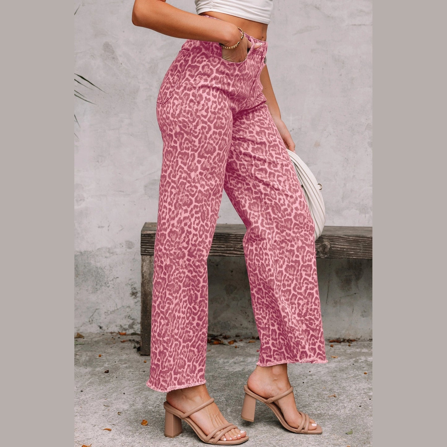 Melba Pink Leopard Frayed Edge Wide Leg High Waist Jeans