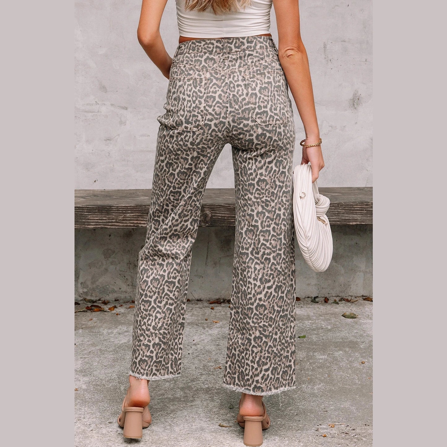 Melba Brown Leopard Frayed Edge Wide Leg High Waist Jeans