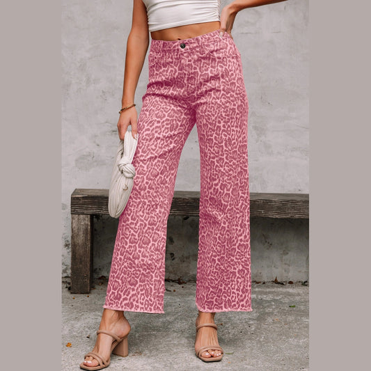 Melba Pink Leopard Frayed Edge Wide Leg High Waist Jeans
