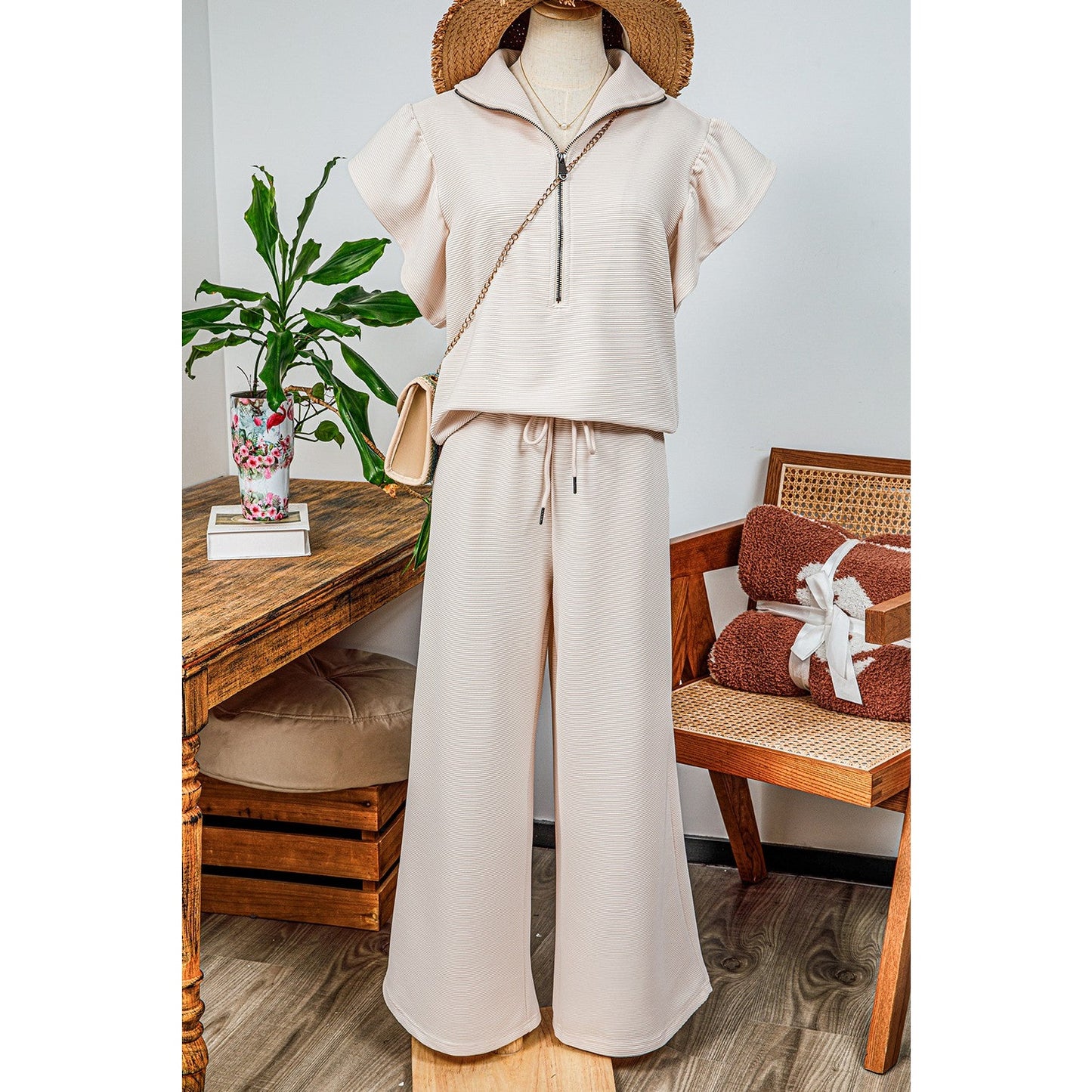 SALE!!!  Melinda Apricot Textured Ruffled Sleeve Zipped Top and Wide Leg Pants Set