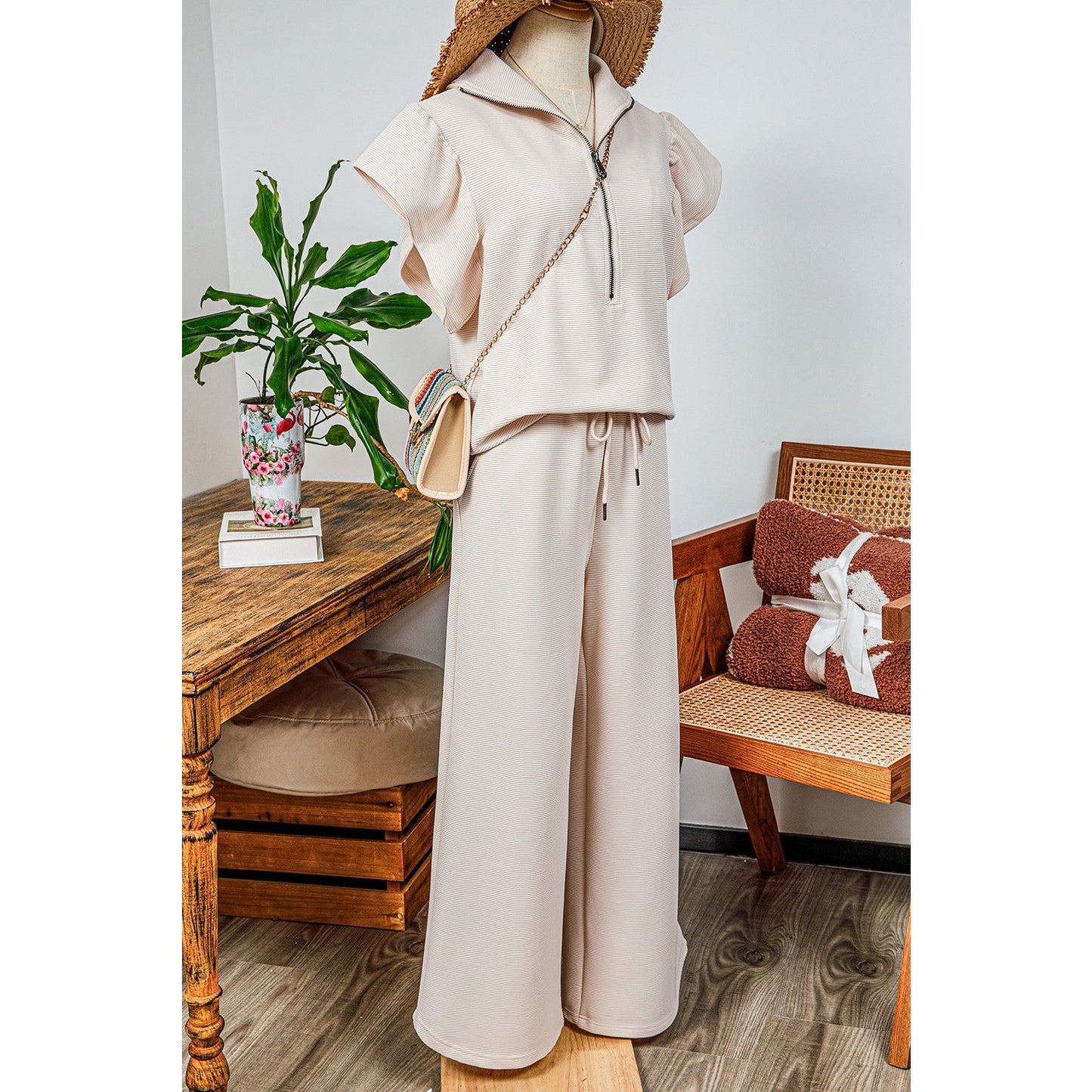 SALE!!!  Melinda Apricot Textured Ruffled Sleeve Zipped Top and Wide Leg Pants Set