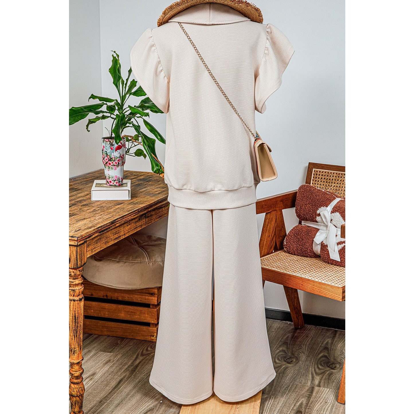 SALE!!!  Melinda Apricot Textured Ruffled Sleeve Zipped Top and Wide Leg Pants Set