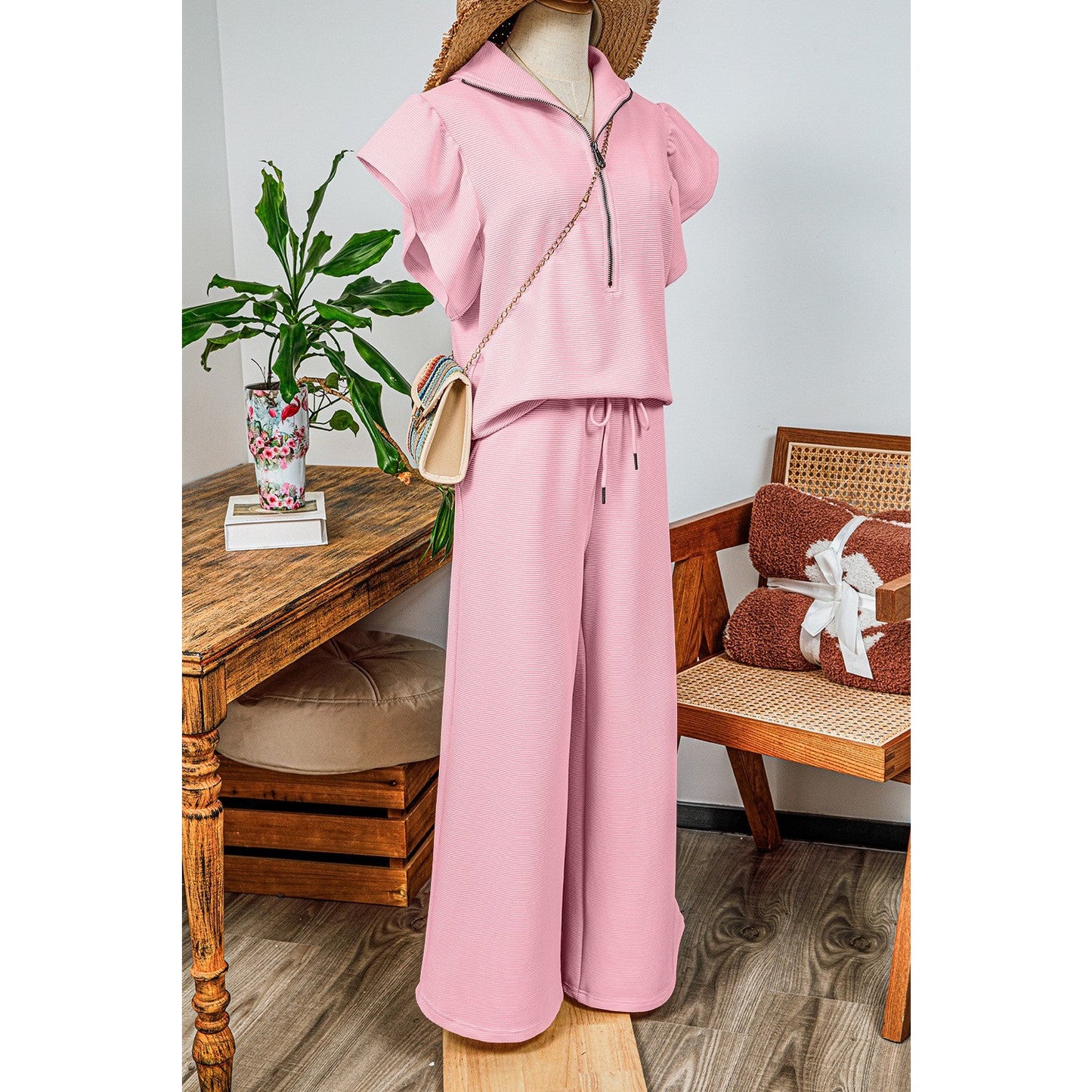 Melinda Pink Textured Ruffled Sleeve Zipped Top and Wide Leg Pants Set