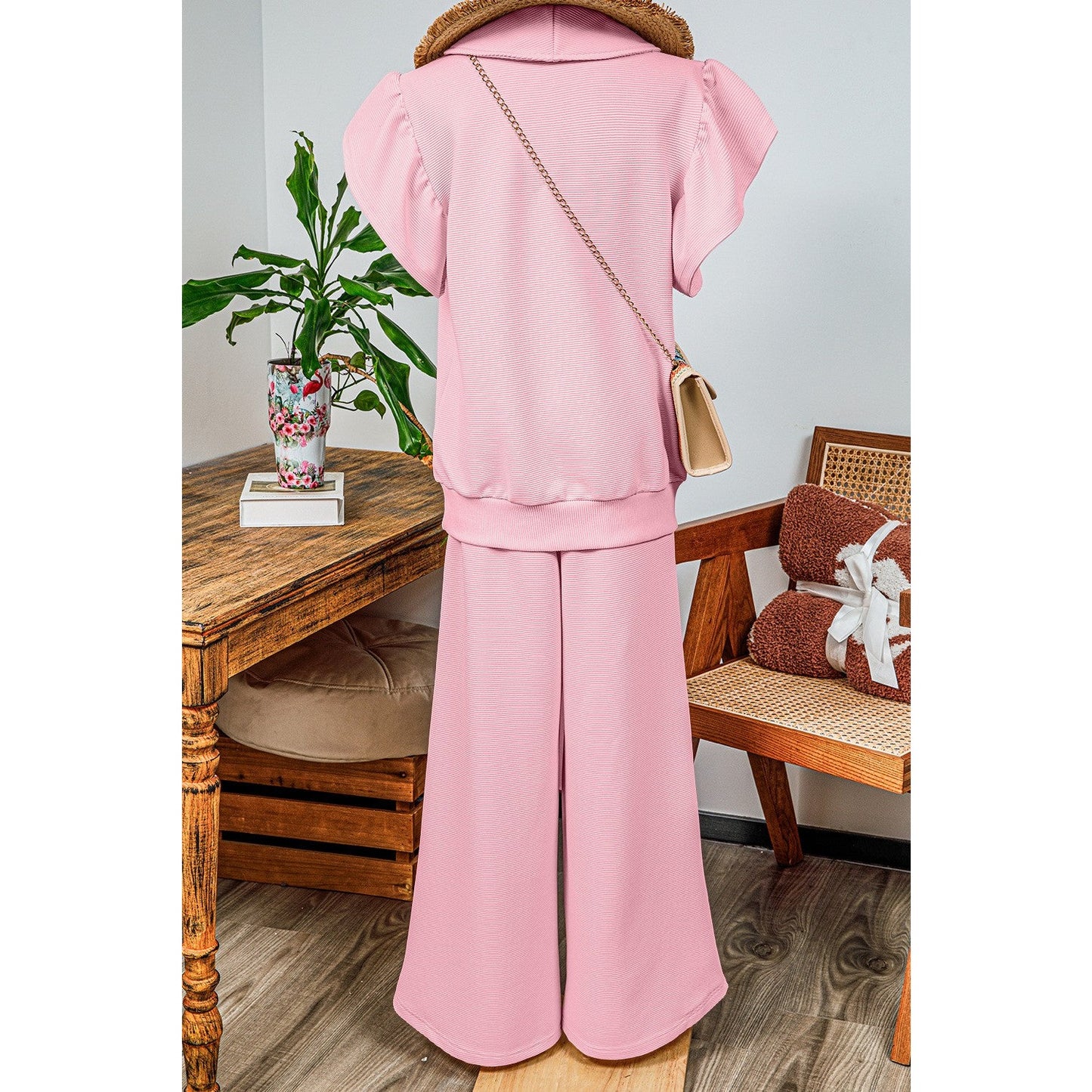 Melinda Pink Textured Ruffled Sleeve Zipped Top and Wide Leg Pants Set