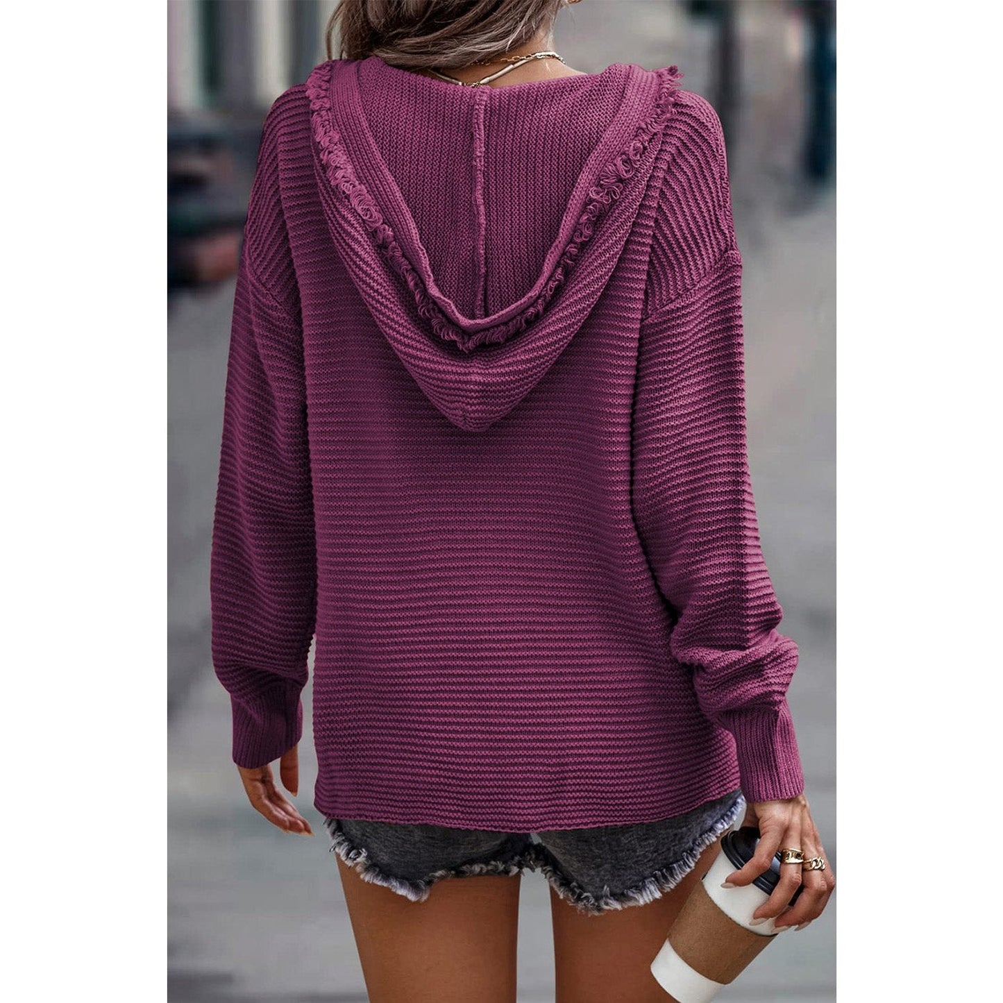 REDUCED!!!  Martina Purple V Neck Ribbed Drop Shoulder Hooded Sweater  REDUCED!!!