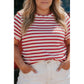 Meliza Red Stripe Plus Size Scalloped Trim Round Neck Short Sleeve Top