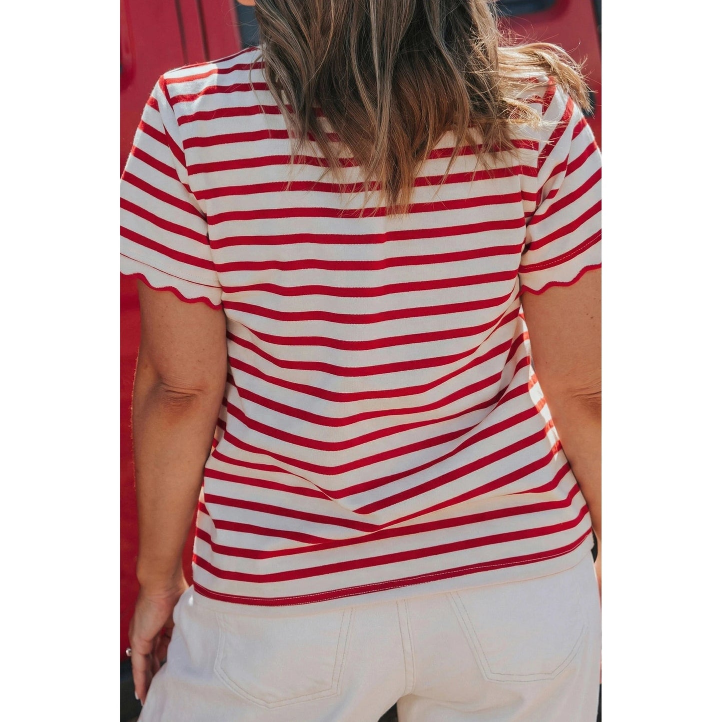 Meliza Red Stripe Plus Size Scalloped Trim Round Neck Short Sleeve Top