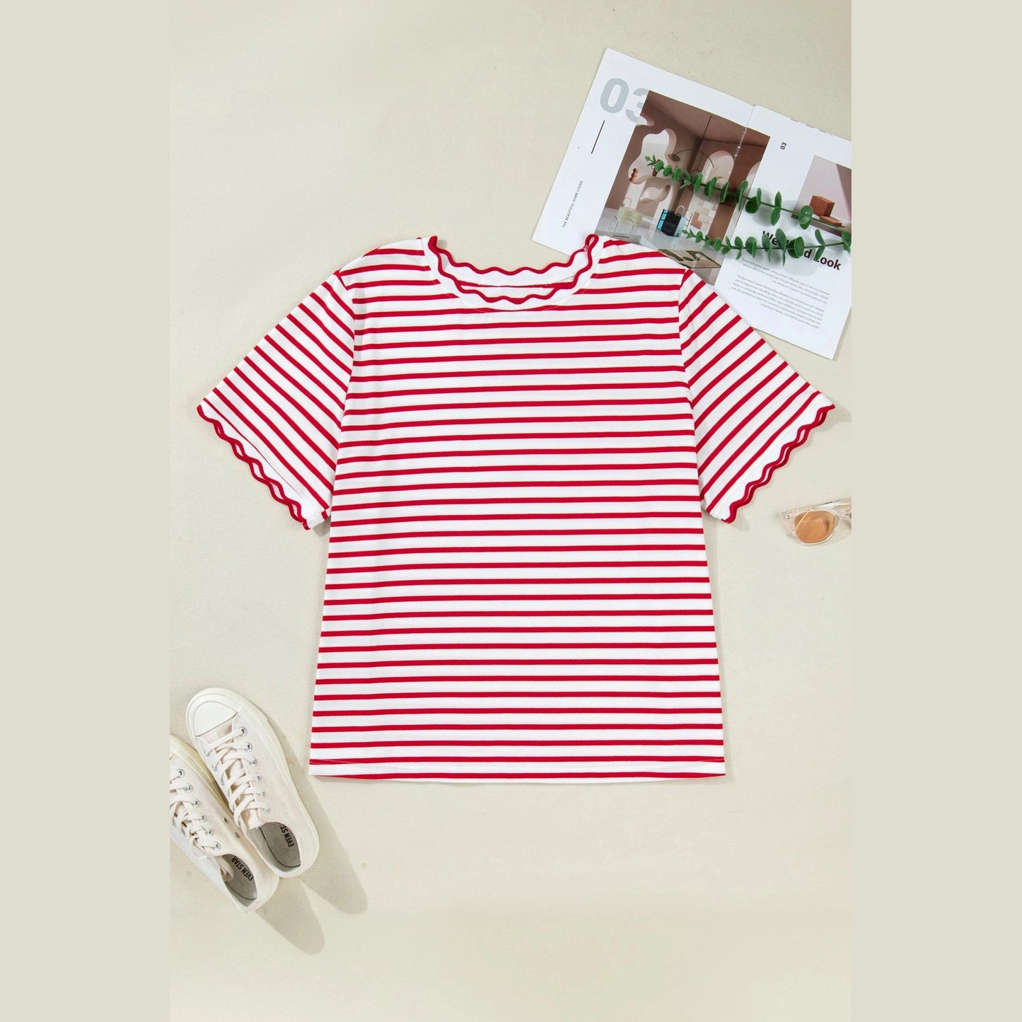Meliza Red Stripe Plus Size Scalloped Trim Round Neck Short Sleeve Top