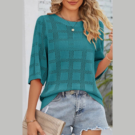 Mellie Teal Plaid Pattern Crochet Knit Short Sleeve Sweater