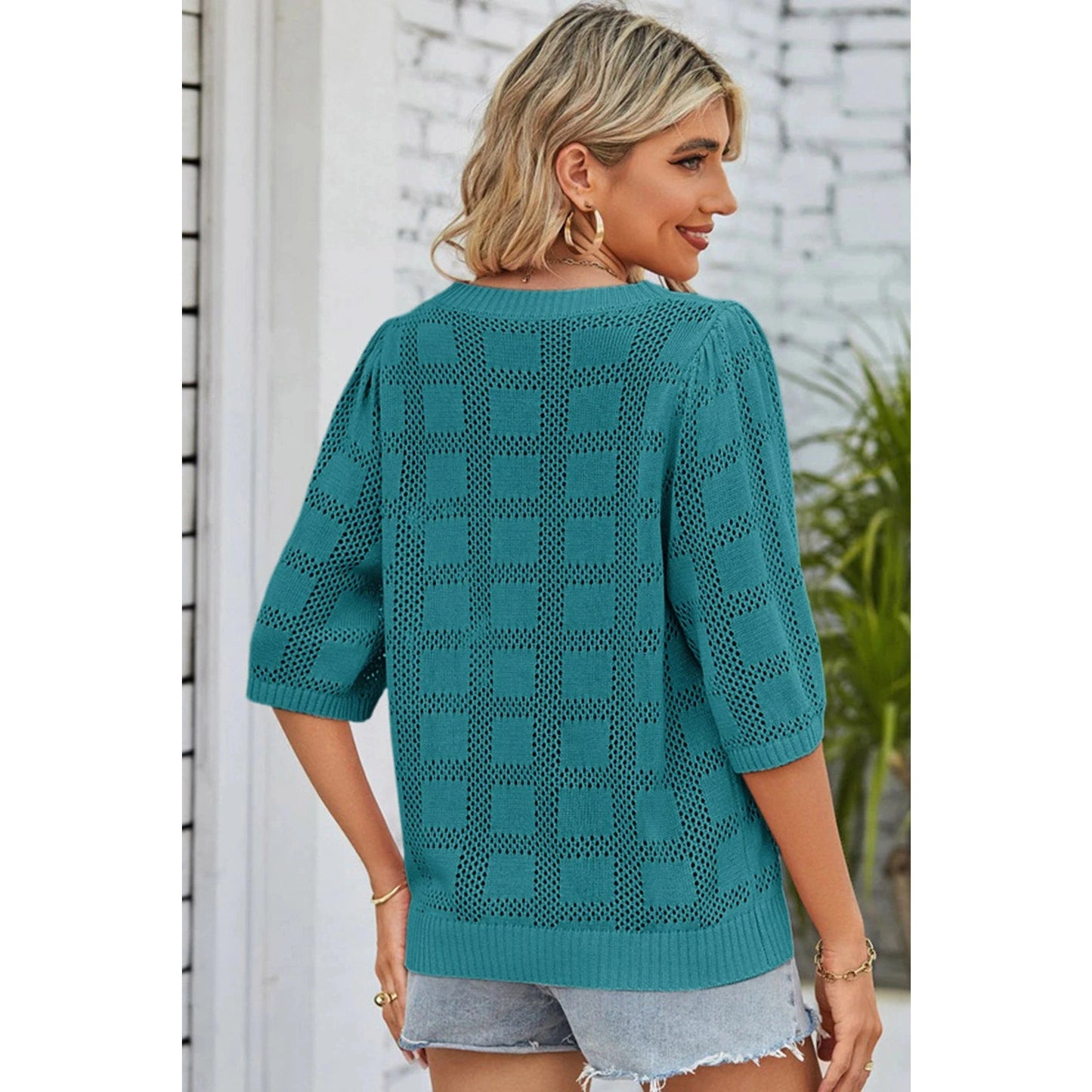 Mellie Teal Plaid Pattern Crochet Knit Short Sleeve Sweater