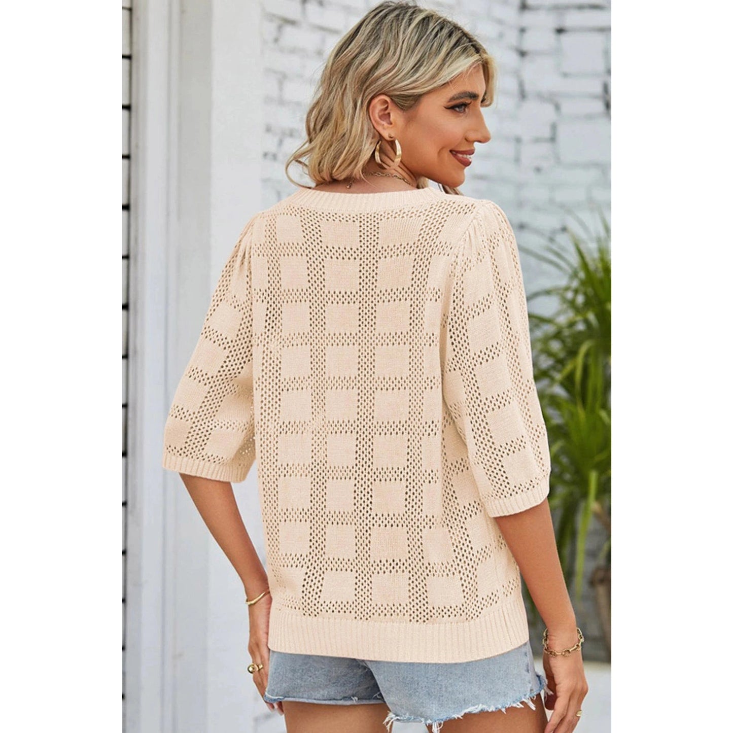 Mellie Apricot Plaid Pattern Crochet Knit Short Sleeve Sweater