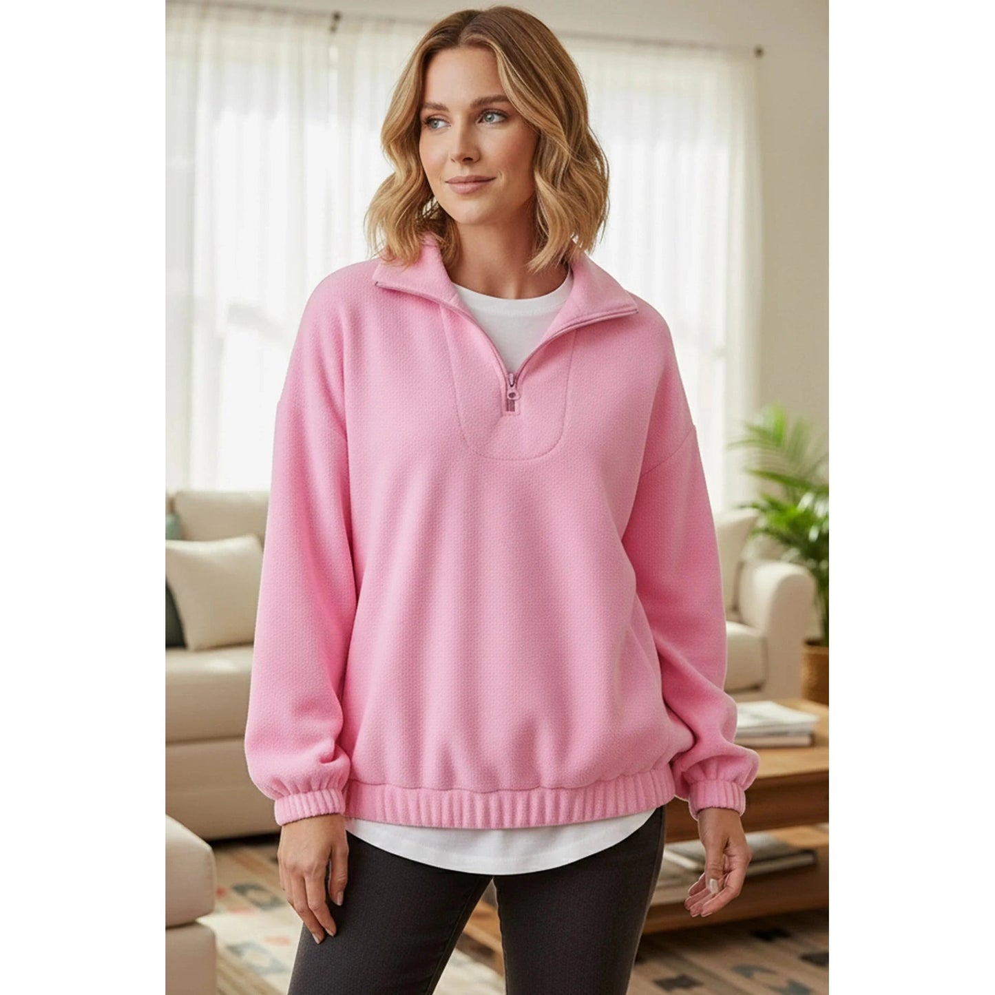 Perrie Pink Fleece Lapel Zip-up Sweatshirt