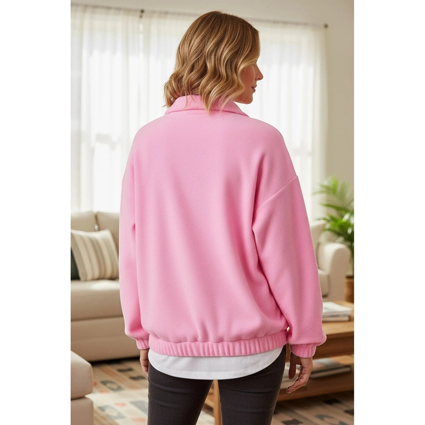 Perrie Pink Fleece Lapel Zip-up Sweatshirt