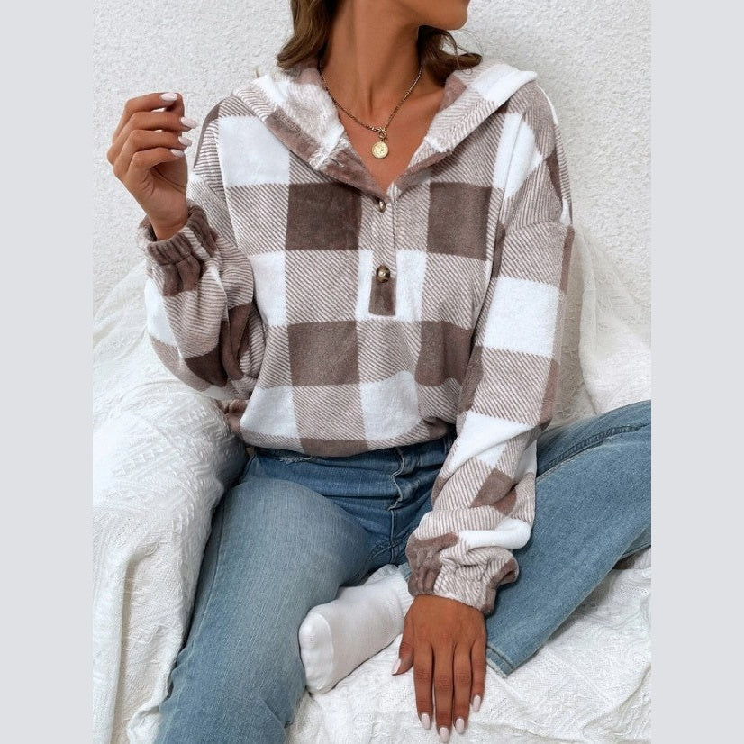 Merisha Brown Checkered Hooded Casual Sweatshirt