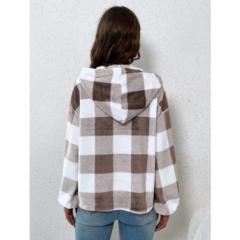 Merisha Brown Checkered Hooded Casual Sweatshirt