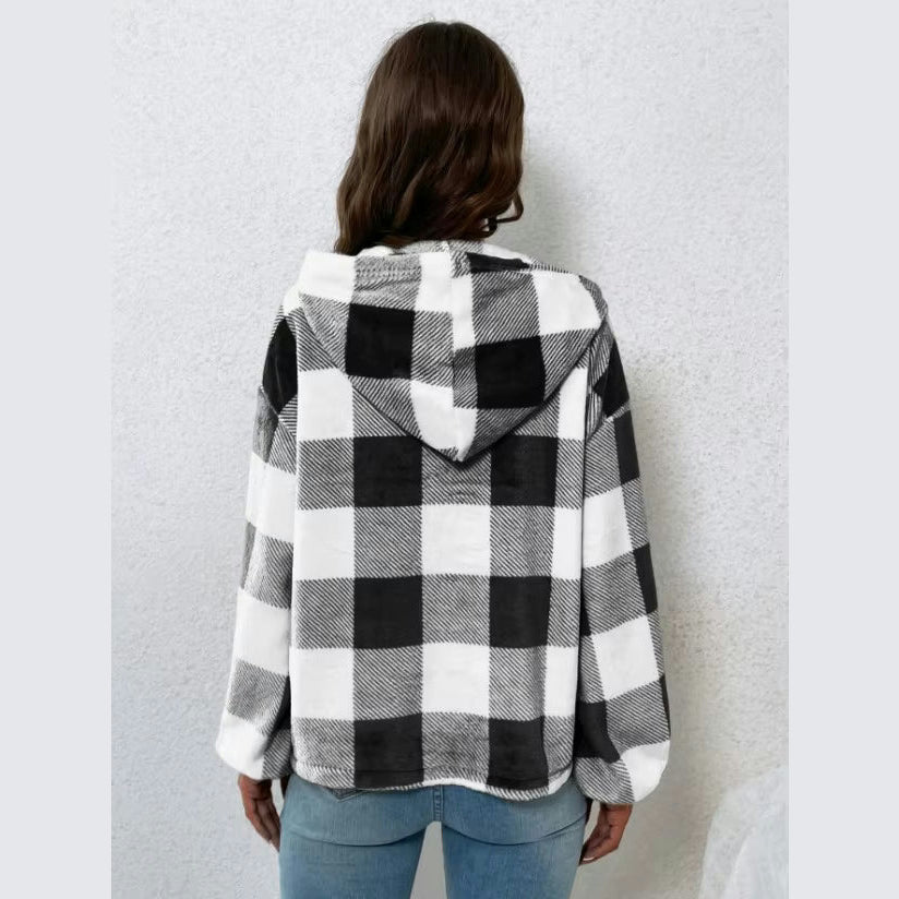 Merisha Black Checkered Hooded Casual Sweatshirt