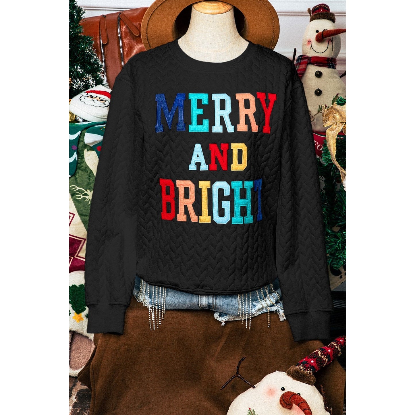Black Merry And Bright Cable Knit Pullover Sweatshirt