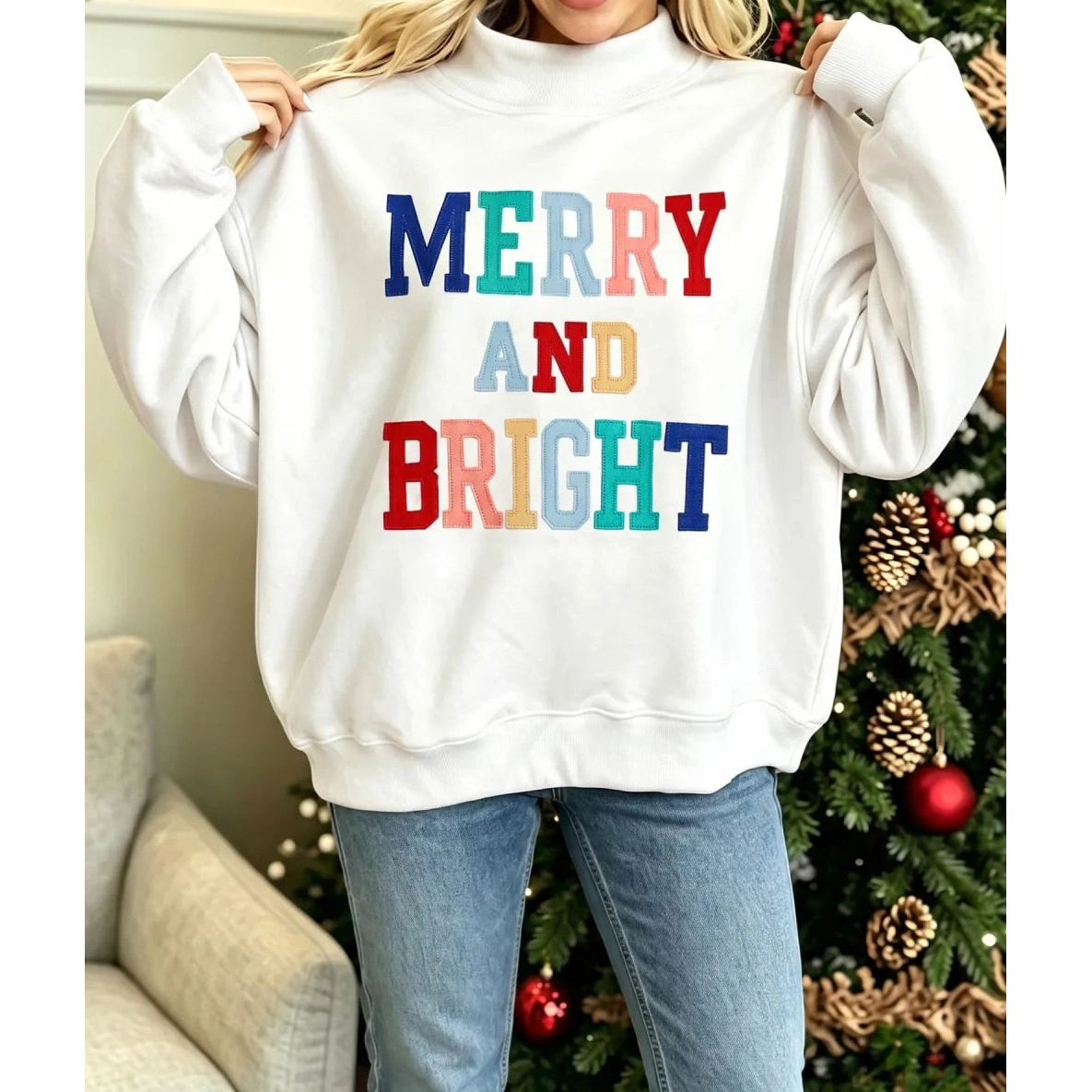 White MERRY AND BRIGHT Stitched Letter Pattern Mock Neck Sweatshirt