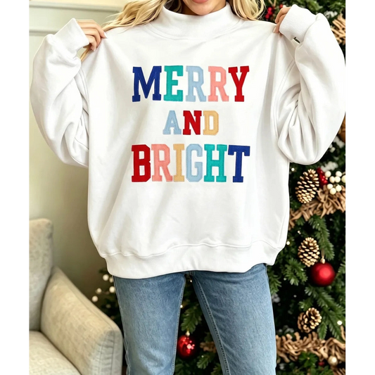 White MERRY AND BRIGHT Stitched Letter Pattern Mock Neck Sweatshirt