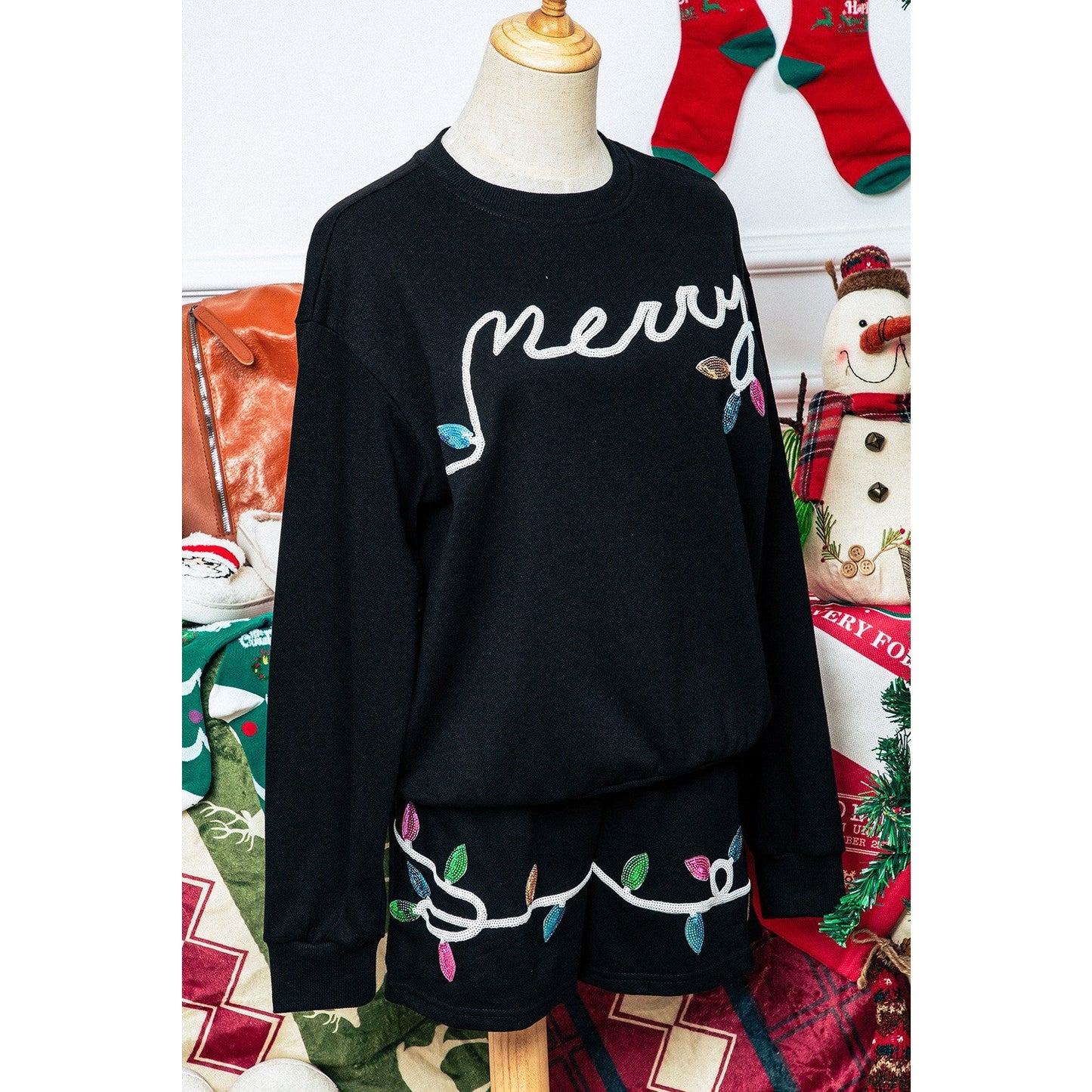 Black Sequin Merry Graphic Pullover and Shorts Outfit