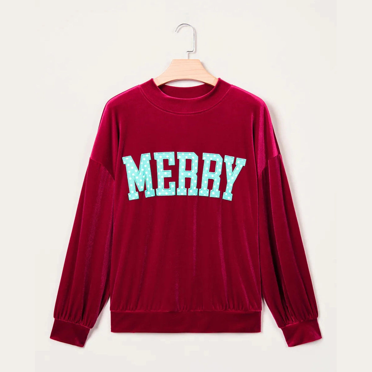 Burgundy Velvet Embroidered Merry Graphic Long Sleeve Sweatshirt