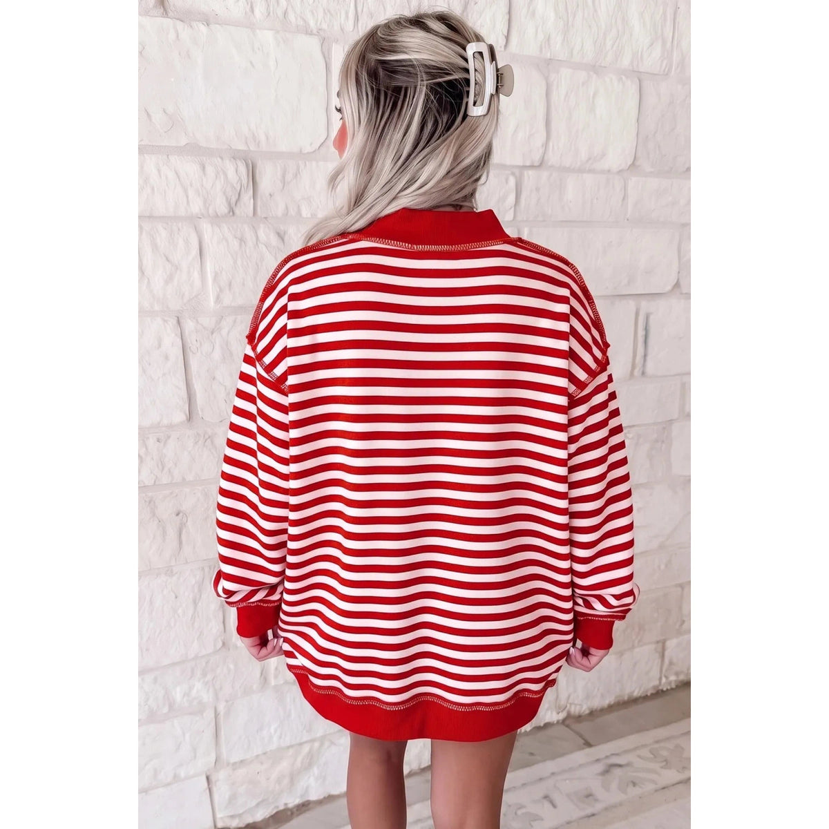 Red Stripe Christmas Merry Embroidery Patched Mock Neck Oversized Sweatshirt