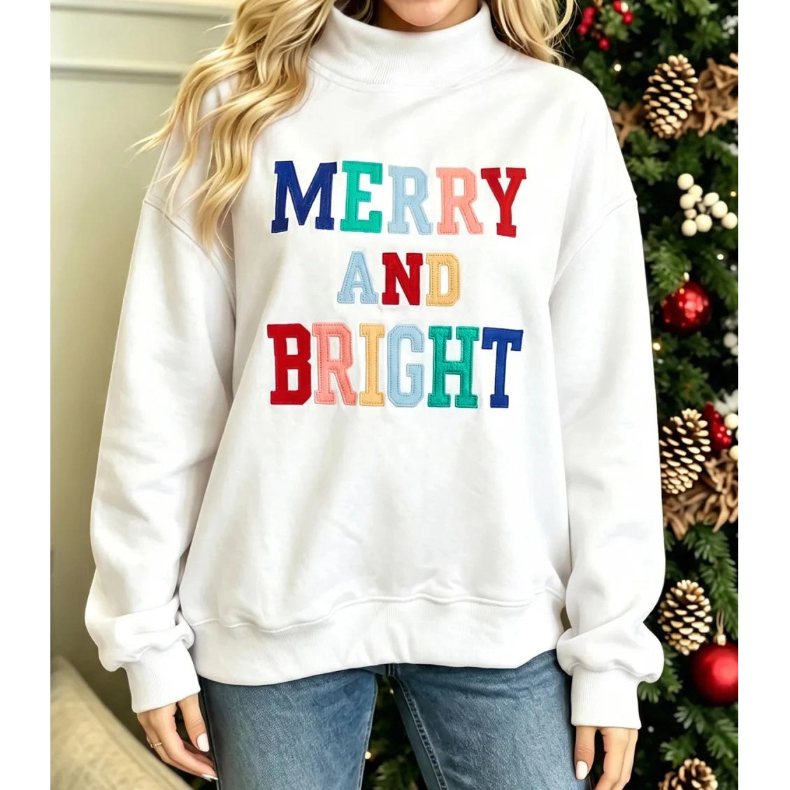 White MERRY AND BRIGHT Stitched Letter Pattern Mock Neck Sweatshirt