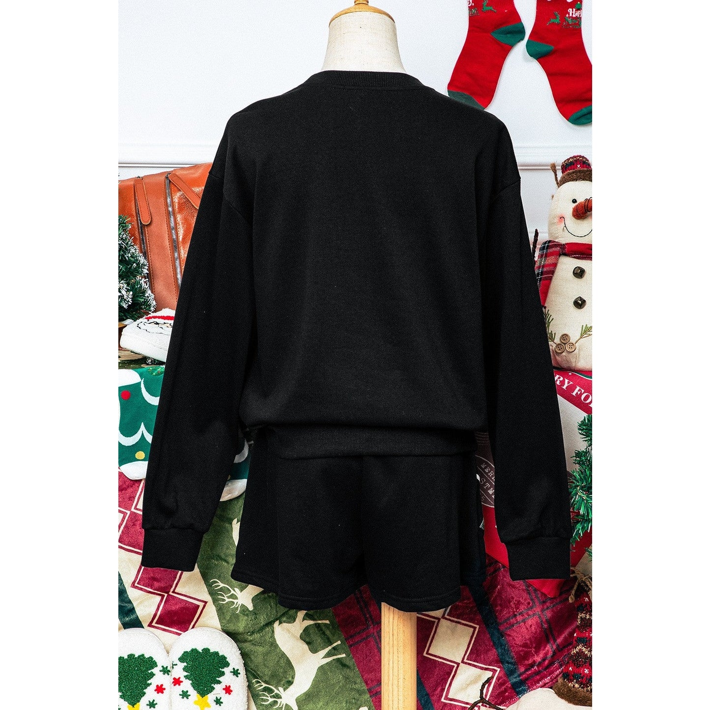 Black Sequin Merry Graphic Pullover and Shorts Outfit