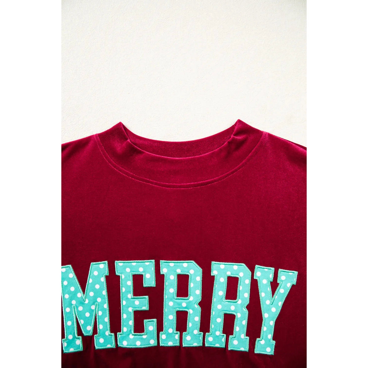 Burgundy Velvet Embroidered Merry Graphic Long Sleeve Sweatshirt