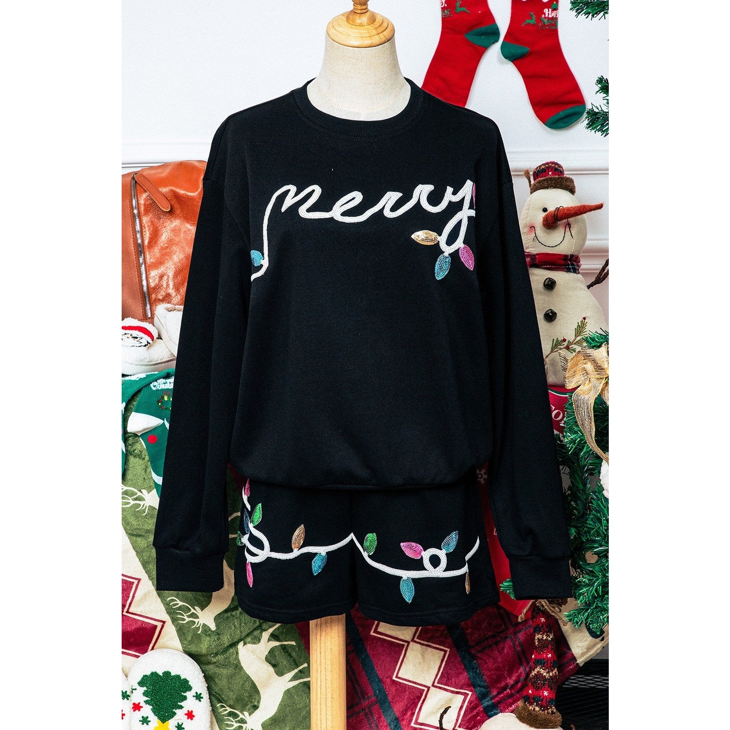 Black Sequin Merry Graphic Pullover and Shorts Outfit