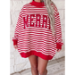 Red Stripe Christmas Merry Embroidery Patched Mock Neck Oversized Sweatshirt