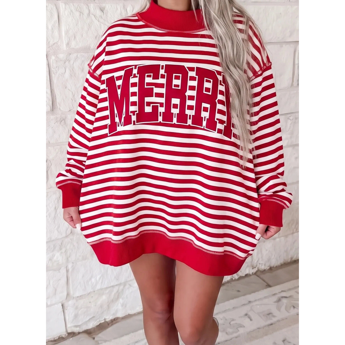Red Stripe Christmas Merry Embroidery Patched Mock Neck Oversized Sweatshirt