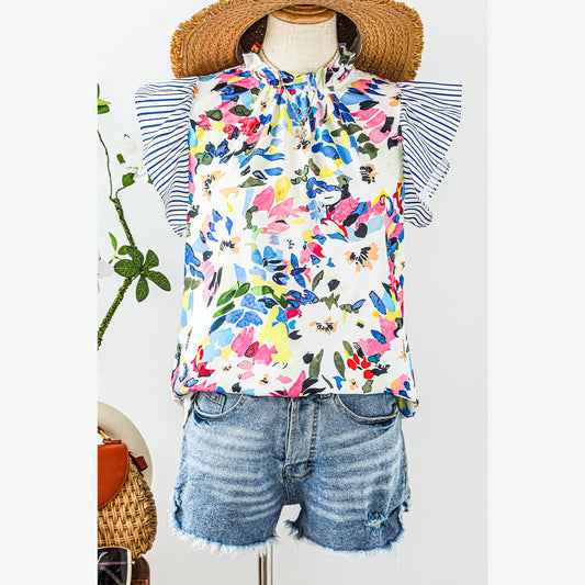 Meryl Light Blue Floral Print Striped Ruffled Sleeve Blouse