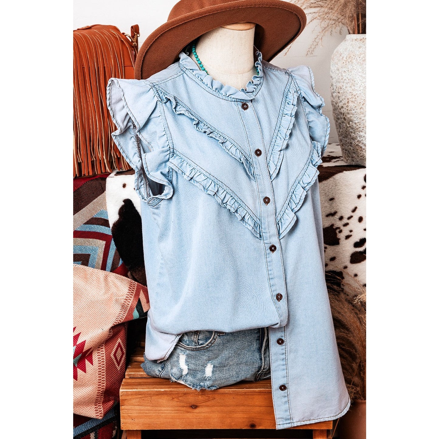 Micha Beau Blue Mineral Wash Cap Sleeve Frilled Button Up Denim Shirt