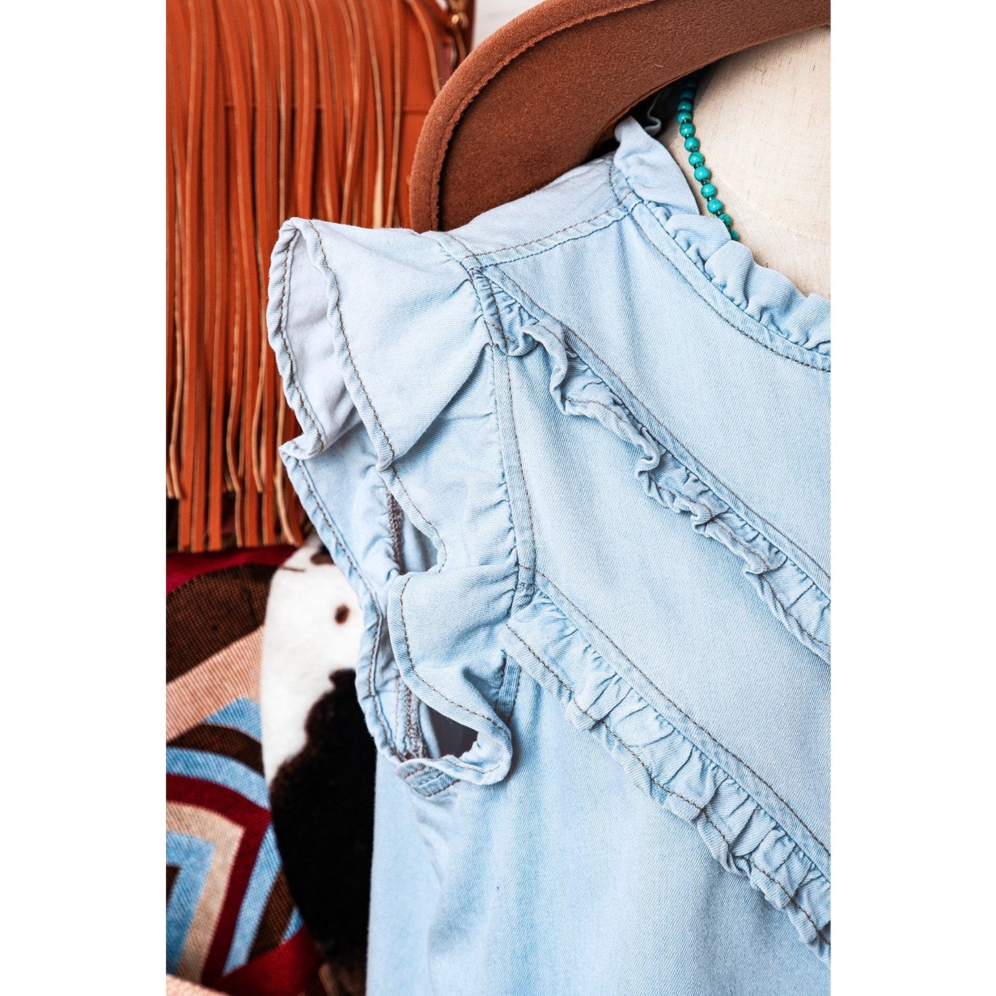 Micha Beau Blue Mineral Wash Cap Sleeve Frilled Button Up Denim Shirt