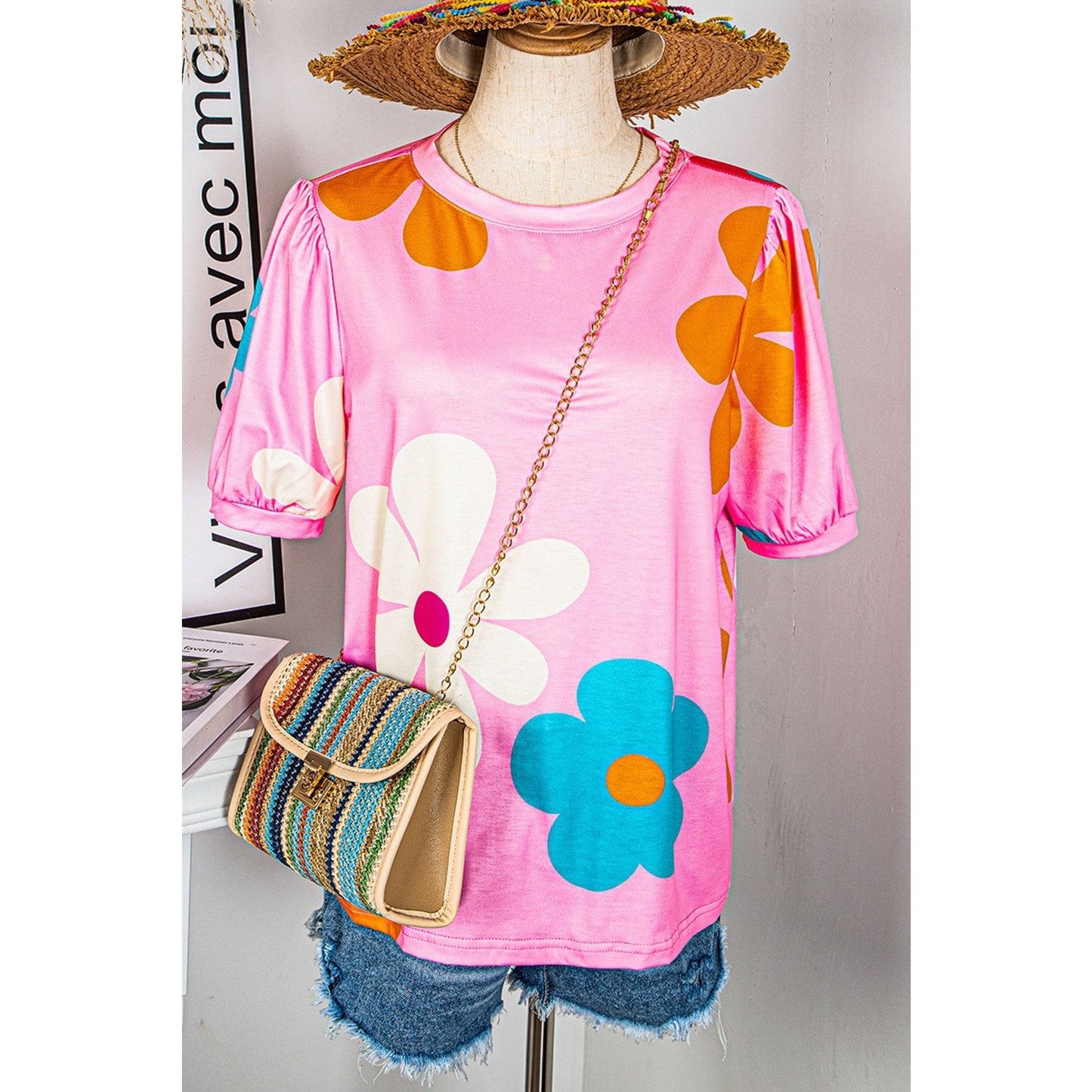 Mikki Pink Flower Print Bubble Sleeve Tee