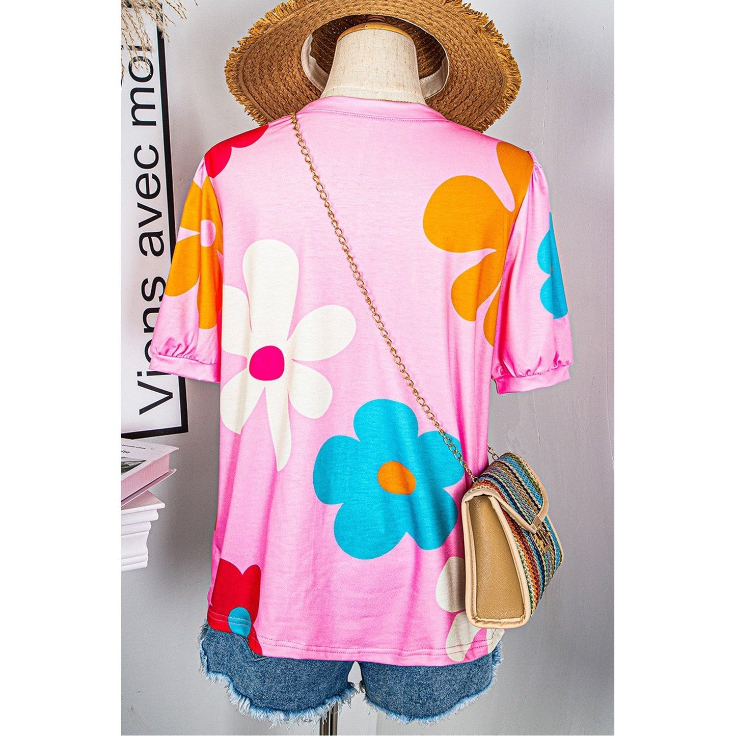 Mikki Pink Flower Print Bubble Sleeve Tee