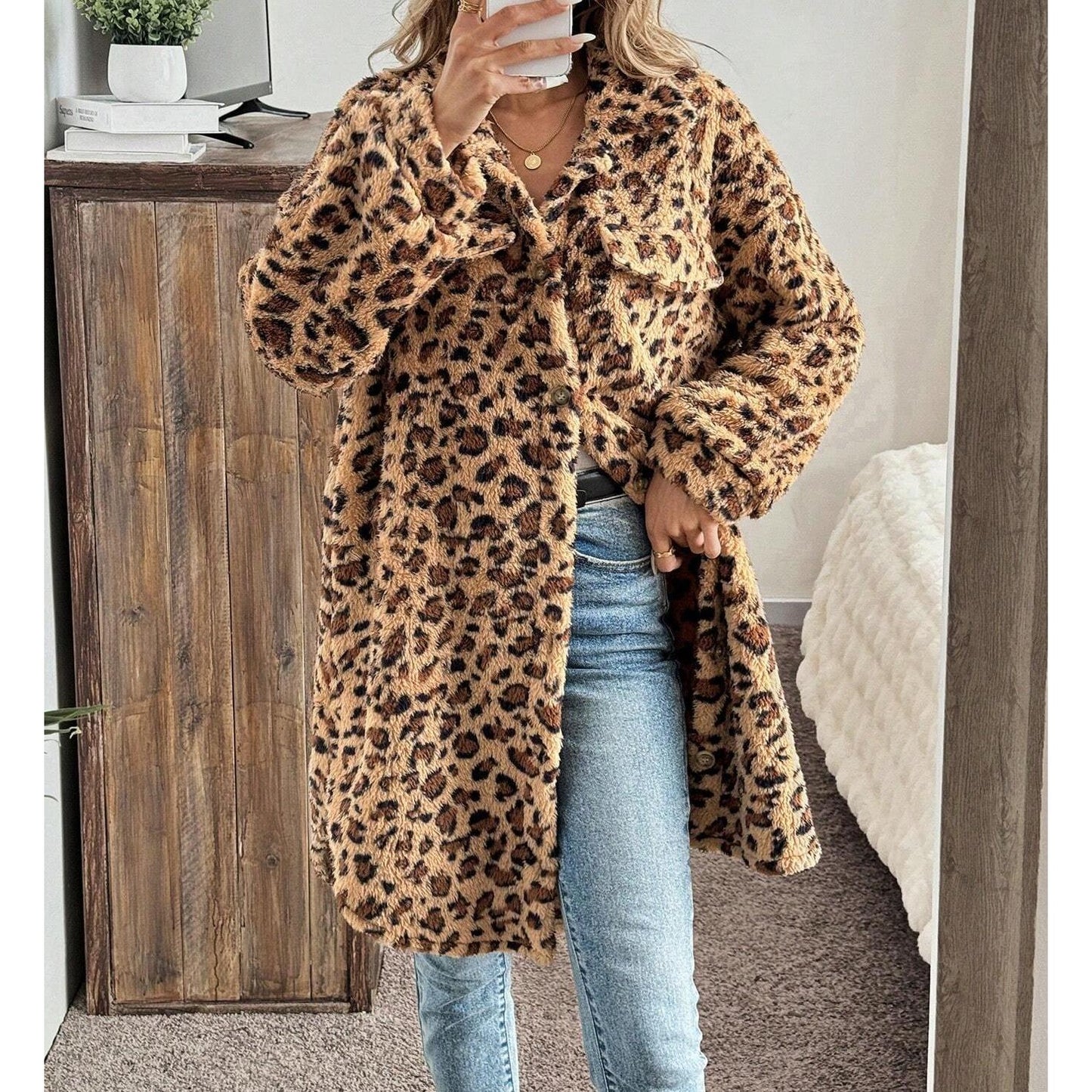 Mila Leopard Button Up Long Fuzzy Coat
