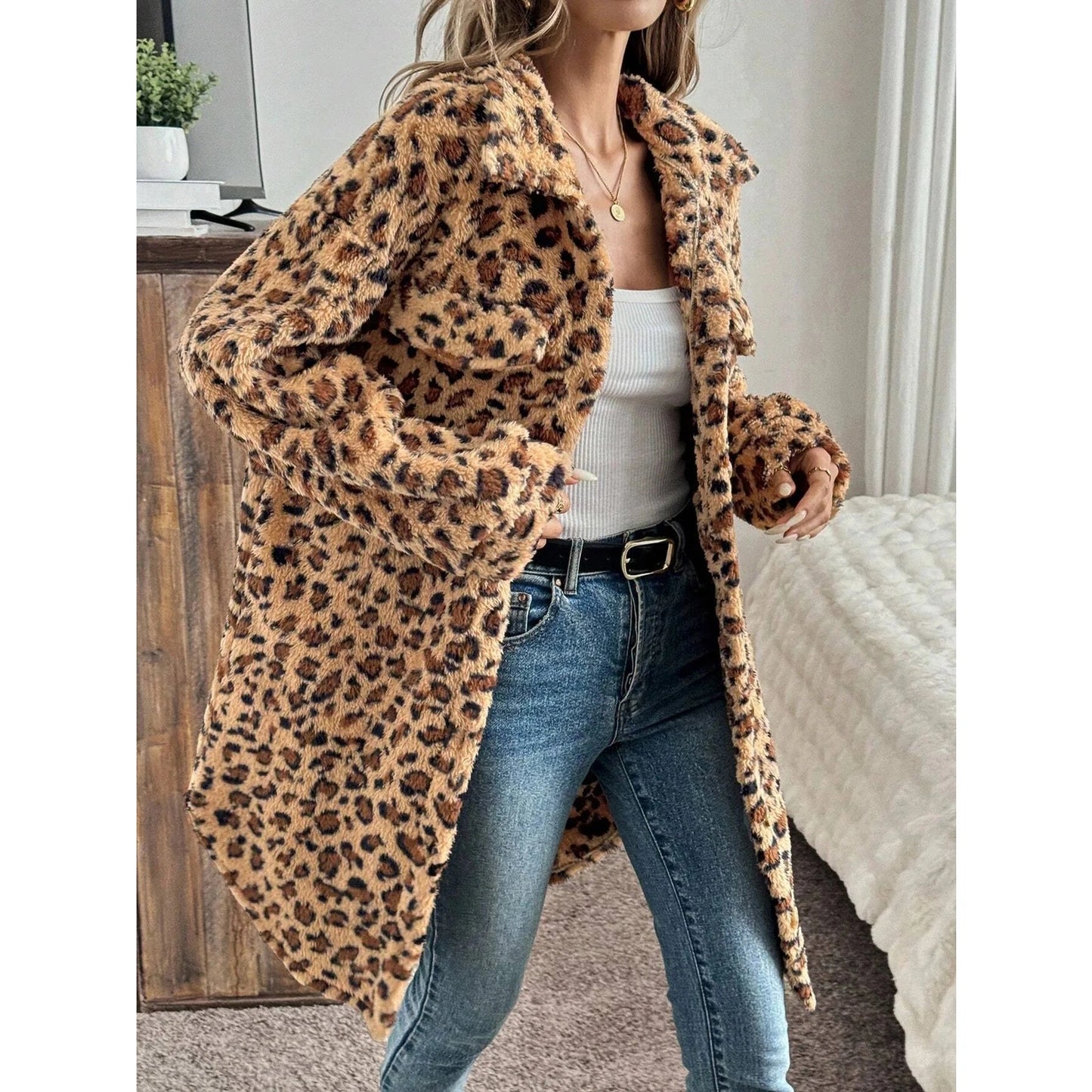 Mila Leopard Button Up Long Fuzzy Coat