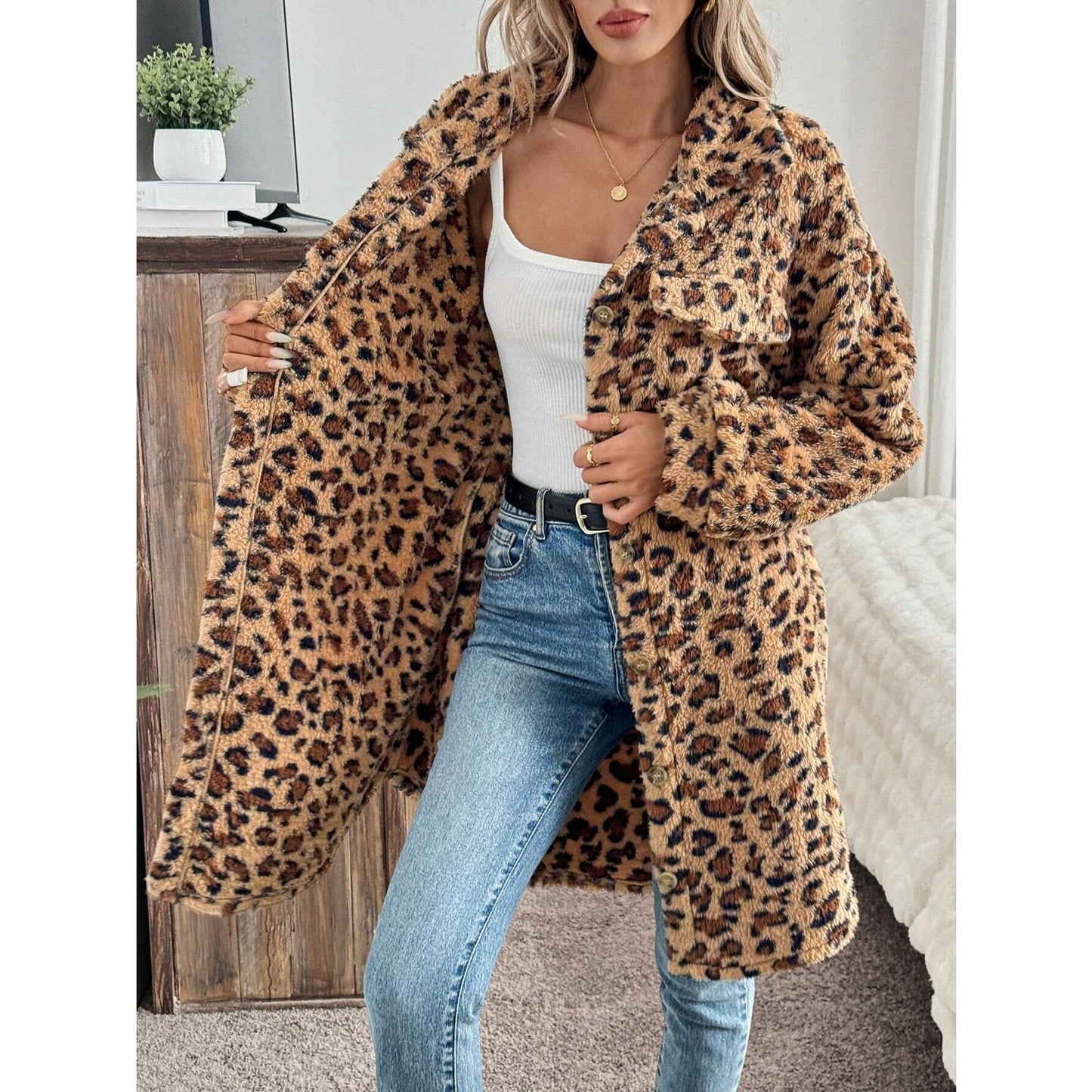 Mila Leopard Button Up Long Fuzzy Coat