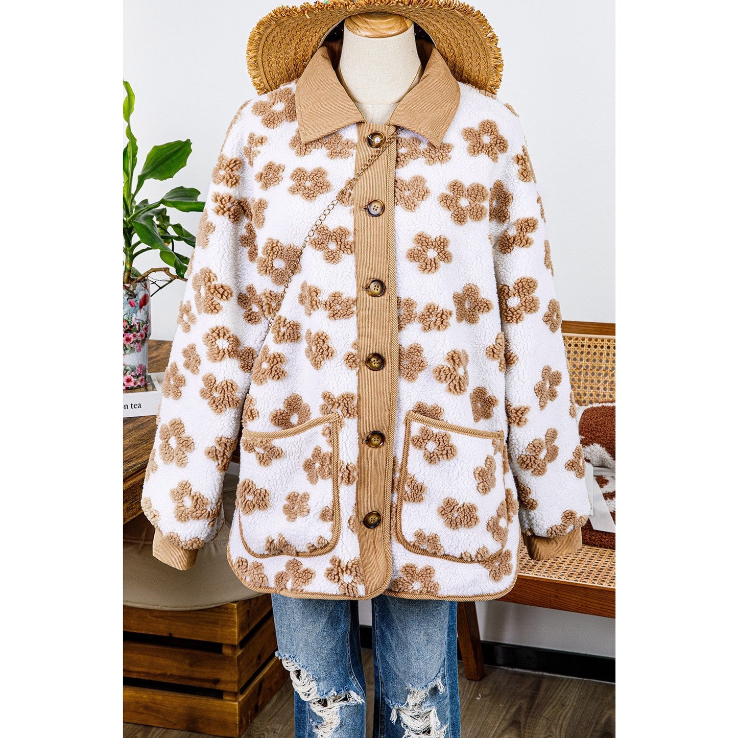Mildred Light French Beige Cute Flower Pattern Button Up Fleece Jacket