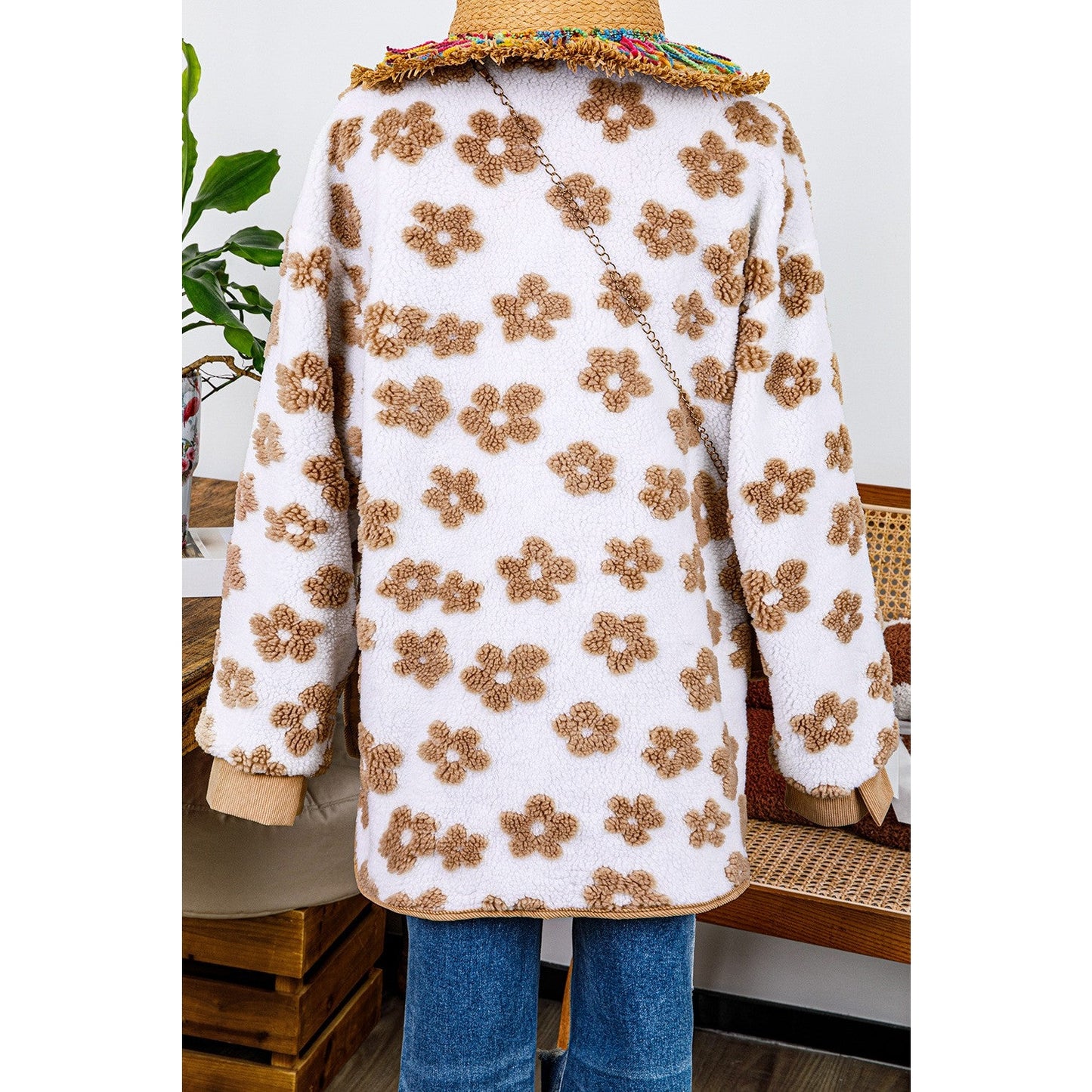 Mildred Light French Beige Cute Flower Pattern Button Up Fleece Jacket