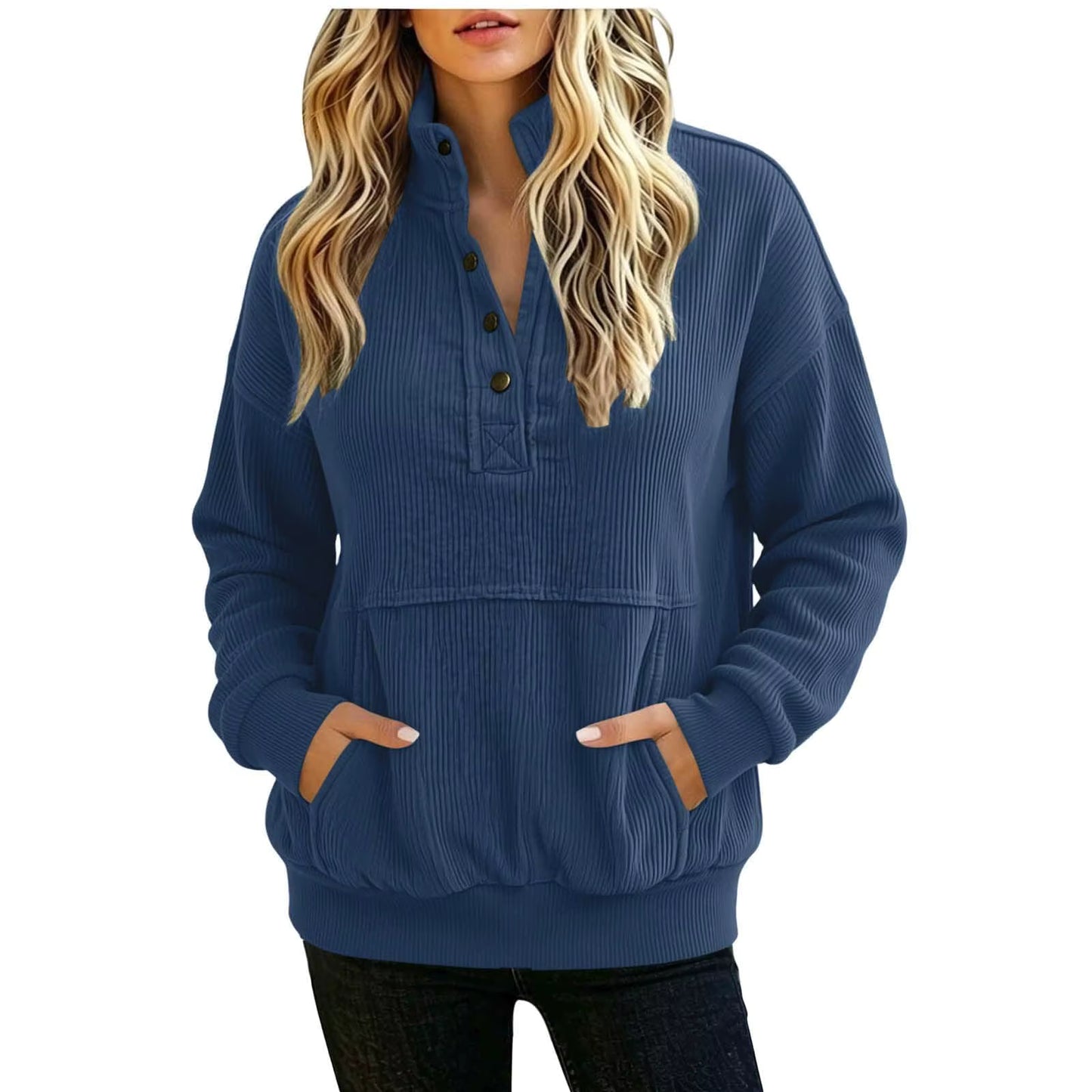 Miley Blue Ribbed High‑Collar Pullover