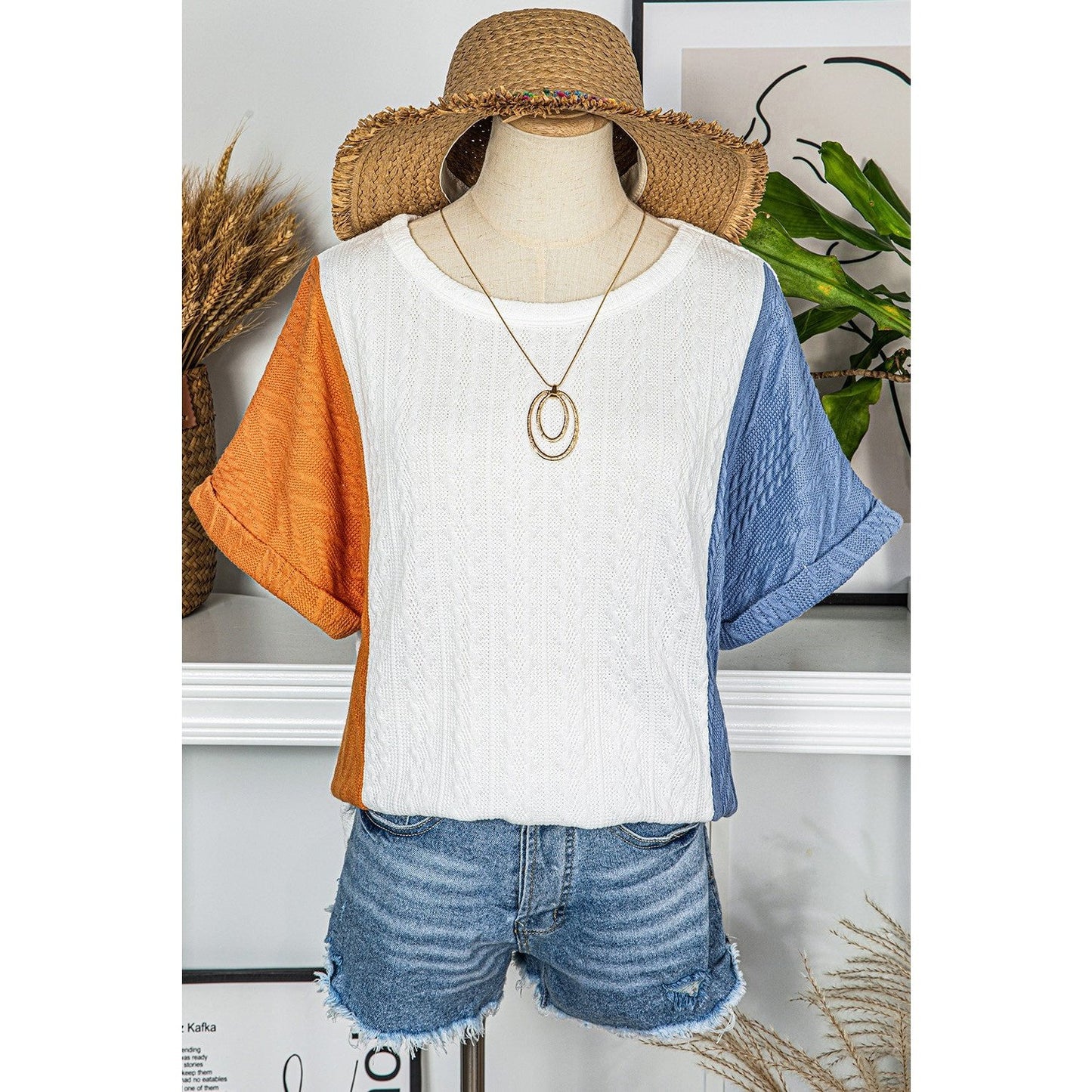 Millie Light Blue Textured Color Block Loose Fit T Shirt