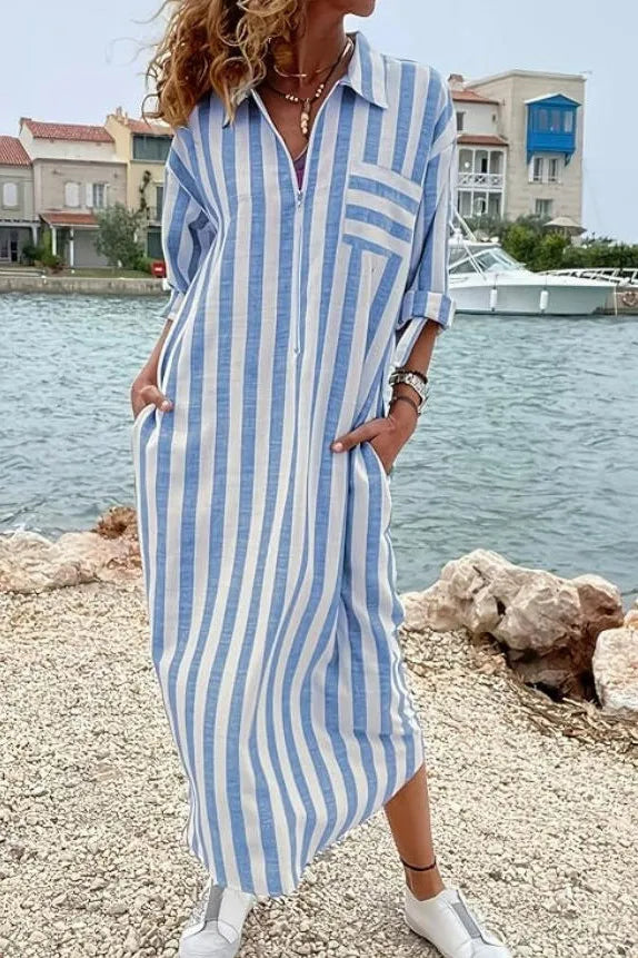 Mirna Blue Stripe Zip‑Front Shirt Dress
